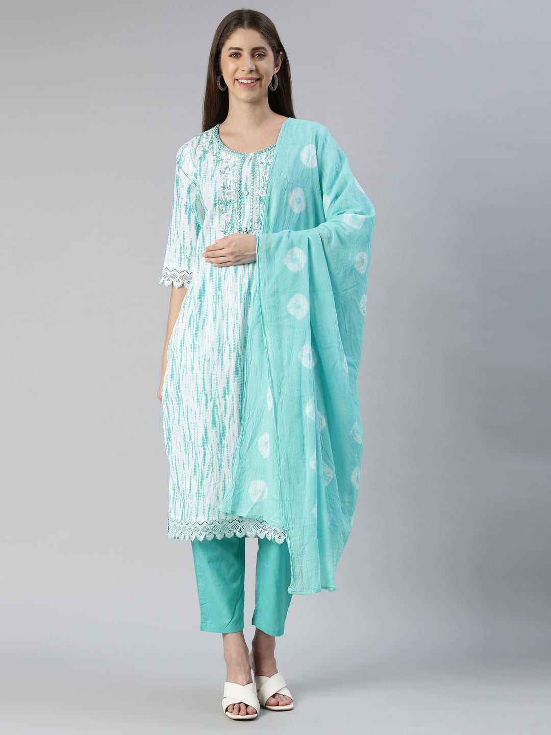 Neerus Women Sea Green Solid Calf Length Kurta And Trousers With Dupatta