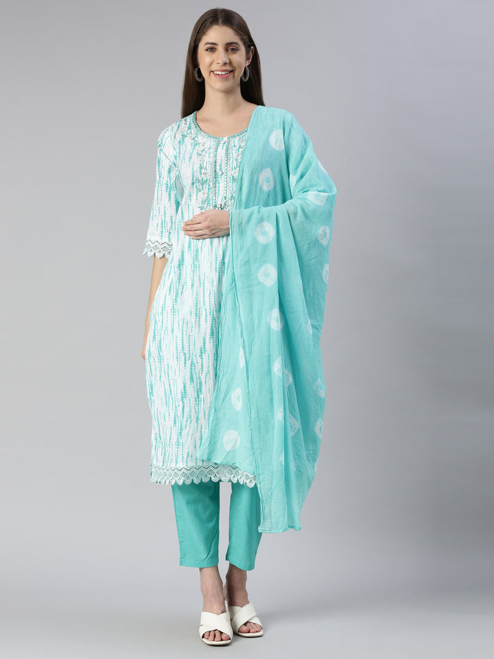 Neerus Women Sea Green Solid Calf Length Kurta And Trousers With Dupatta
