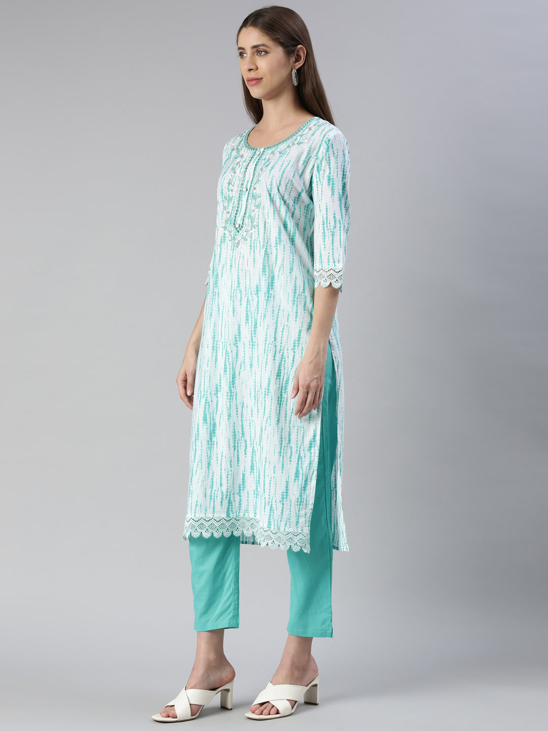 Neerus Women Sea Green Solid Calf Length Kurta And Trousers With Dupatta