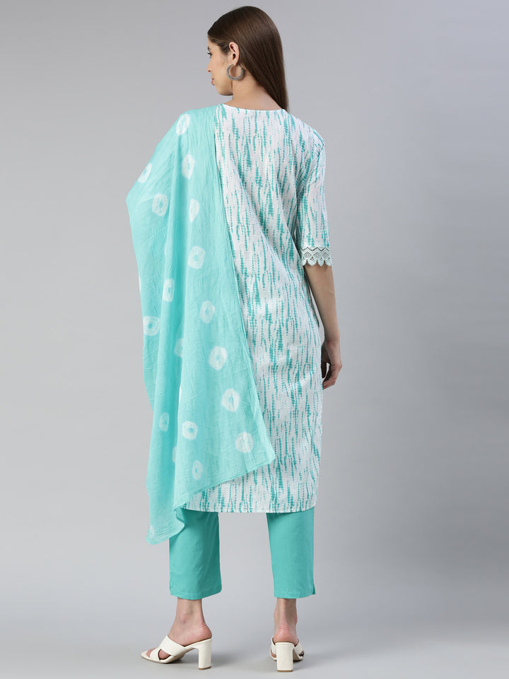 Neerus Women Sea Green Solid Calf Length Kurta And Trousers With Dupatta