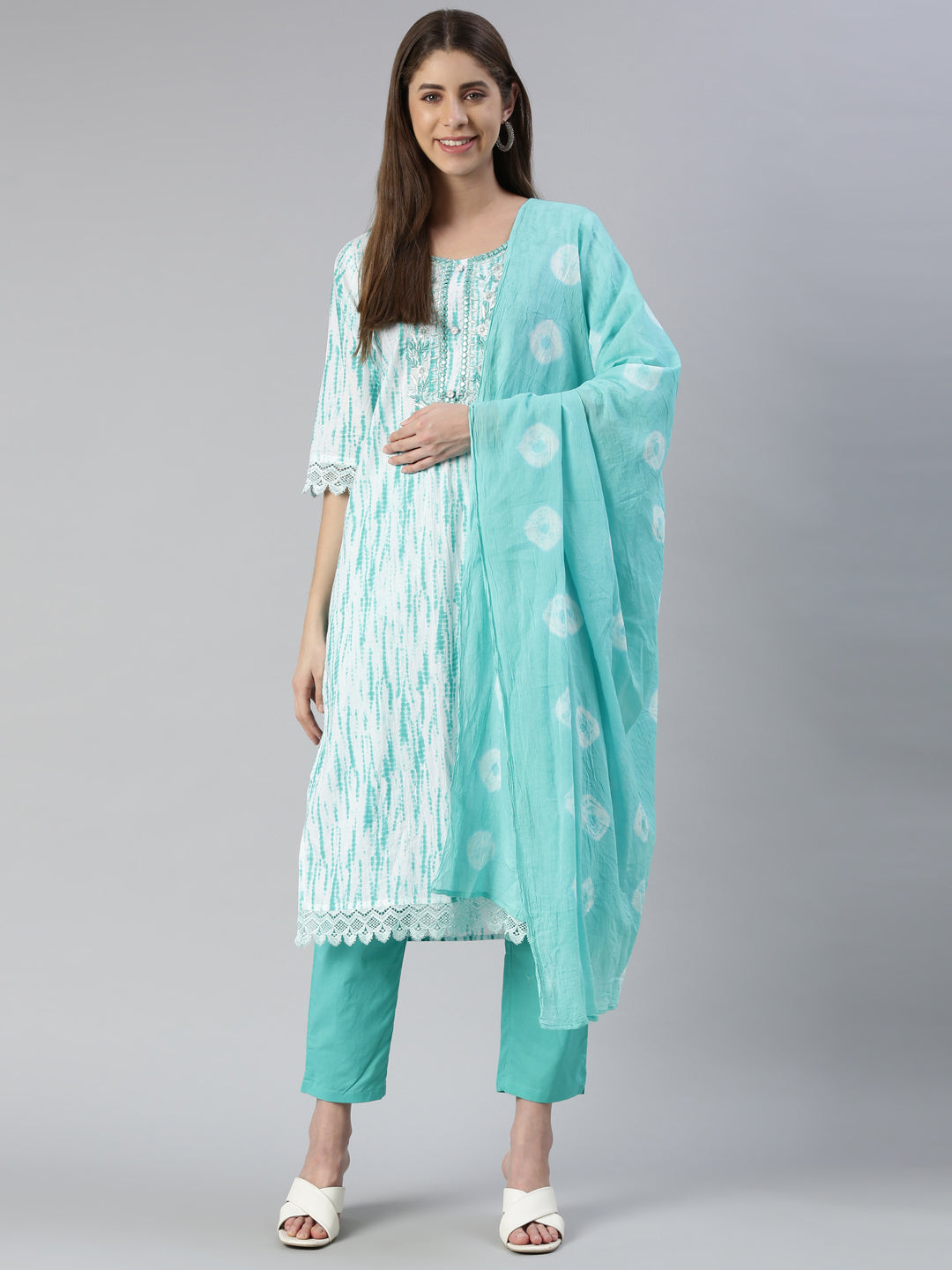 Neerus Women Sea Green Solid Calf Length Kurta And Trousers With Dupatta