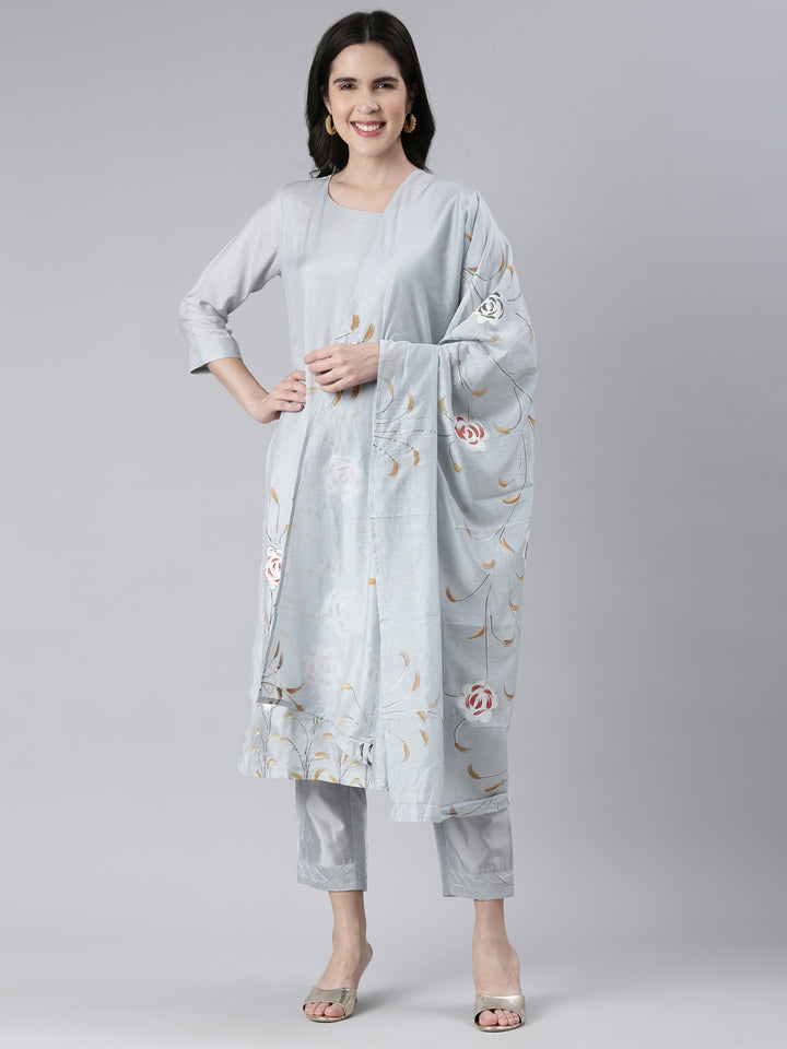 Neerus Grey printed kurta set with trouser and dupatta - front view