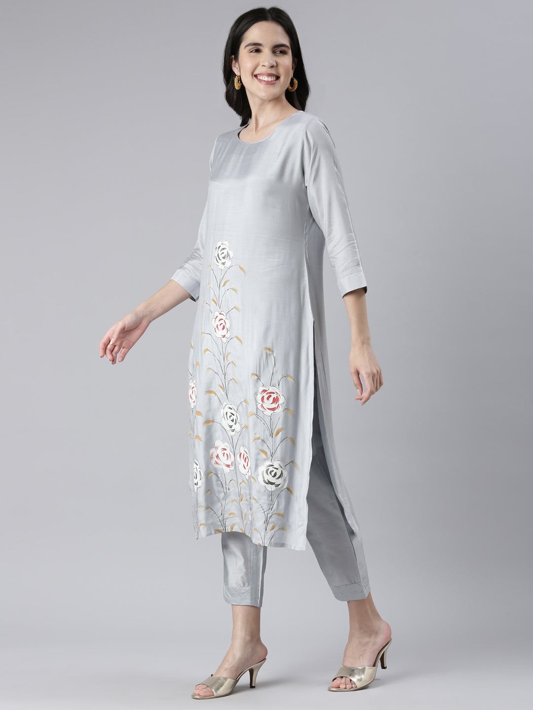 Neerus Grey printed kurta set with trouser and dupatta - back view