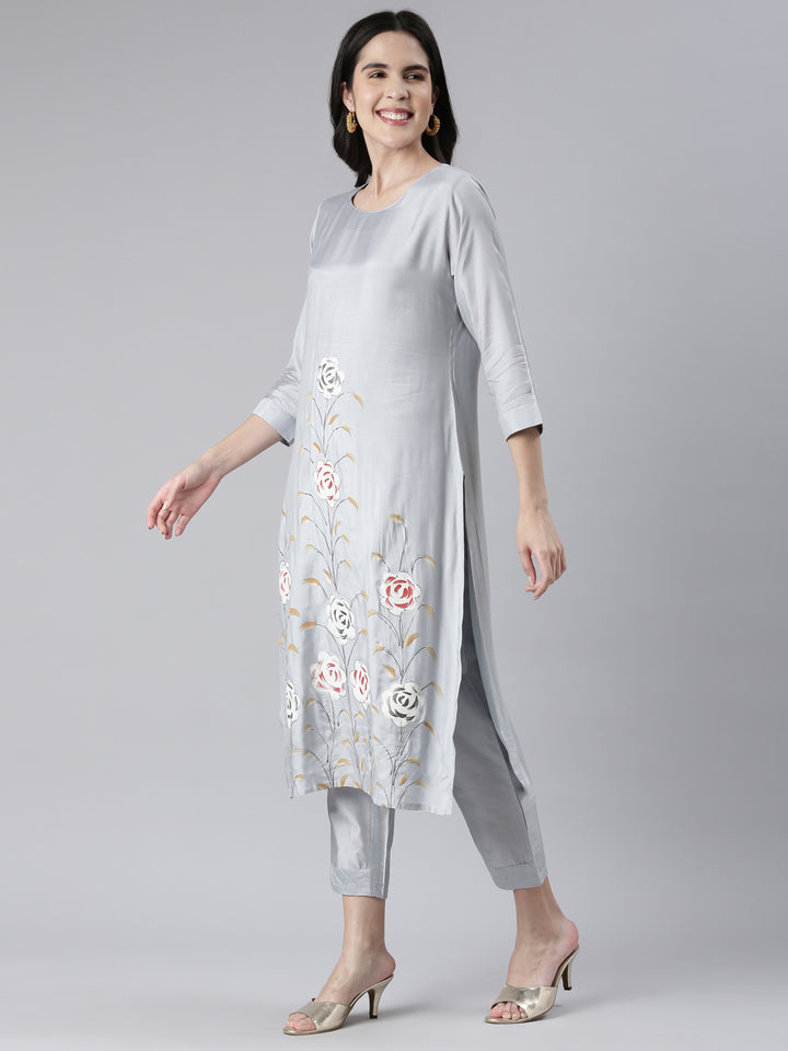 Neerus Grey printed kurta set with trouser and dupatta - back view
