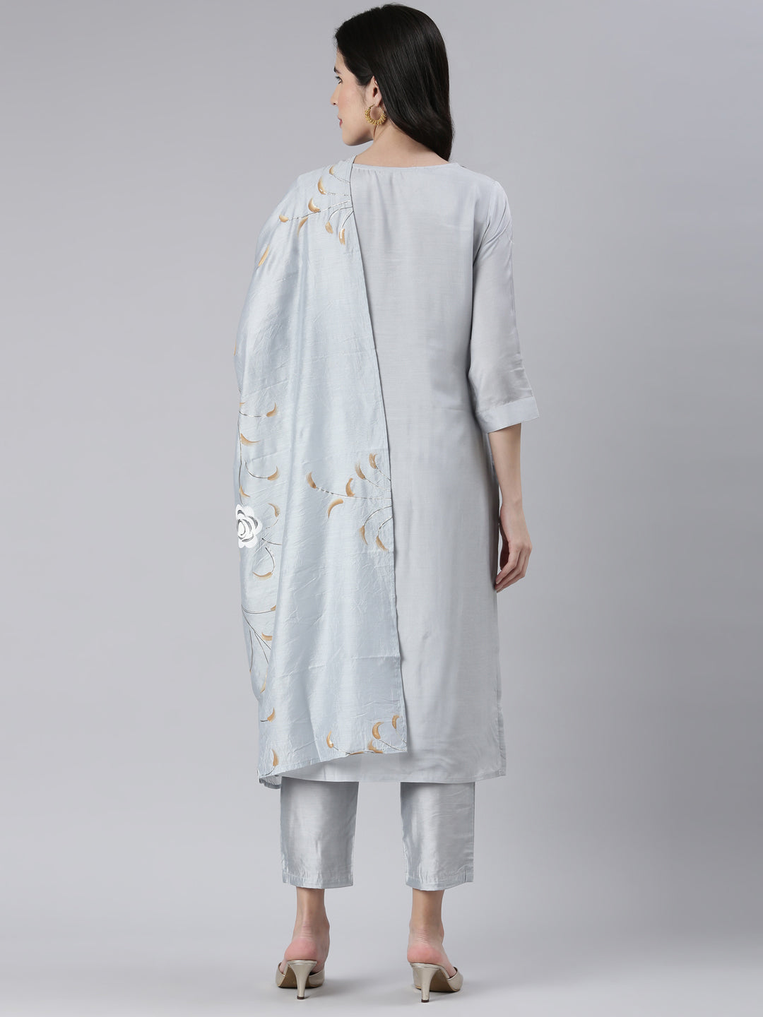 Neerus Grey printed kurta set with trouser and dupatta - side view