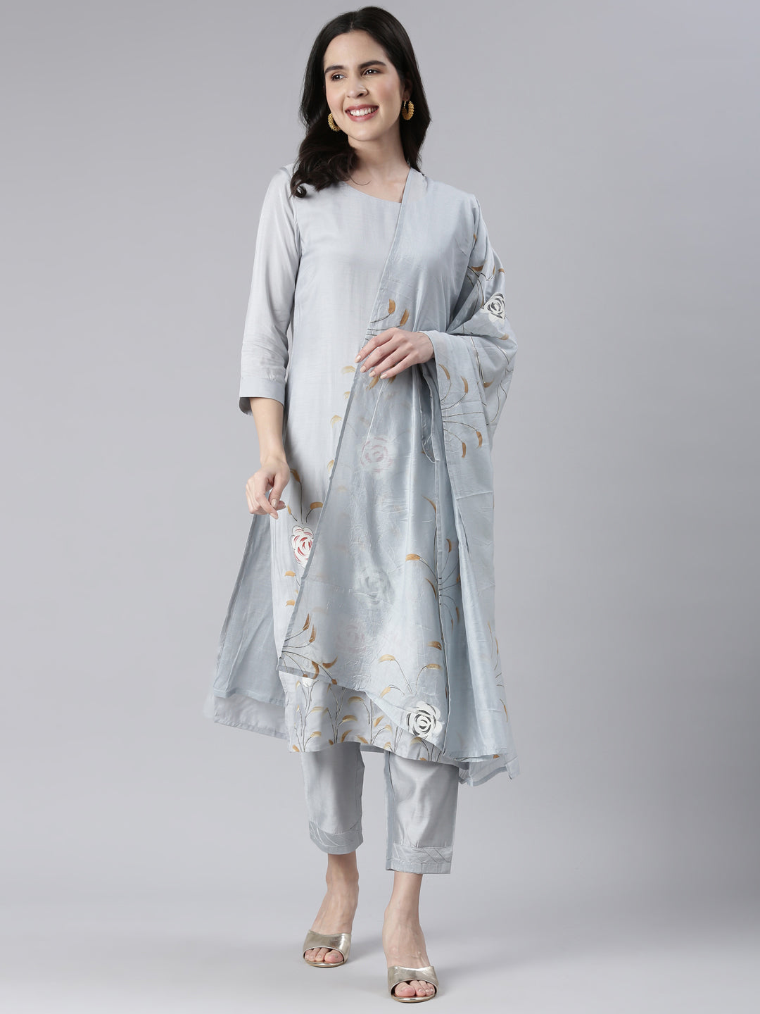 Neerus Grey printed kurta set with trouser and dupatta - detail view 2
