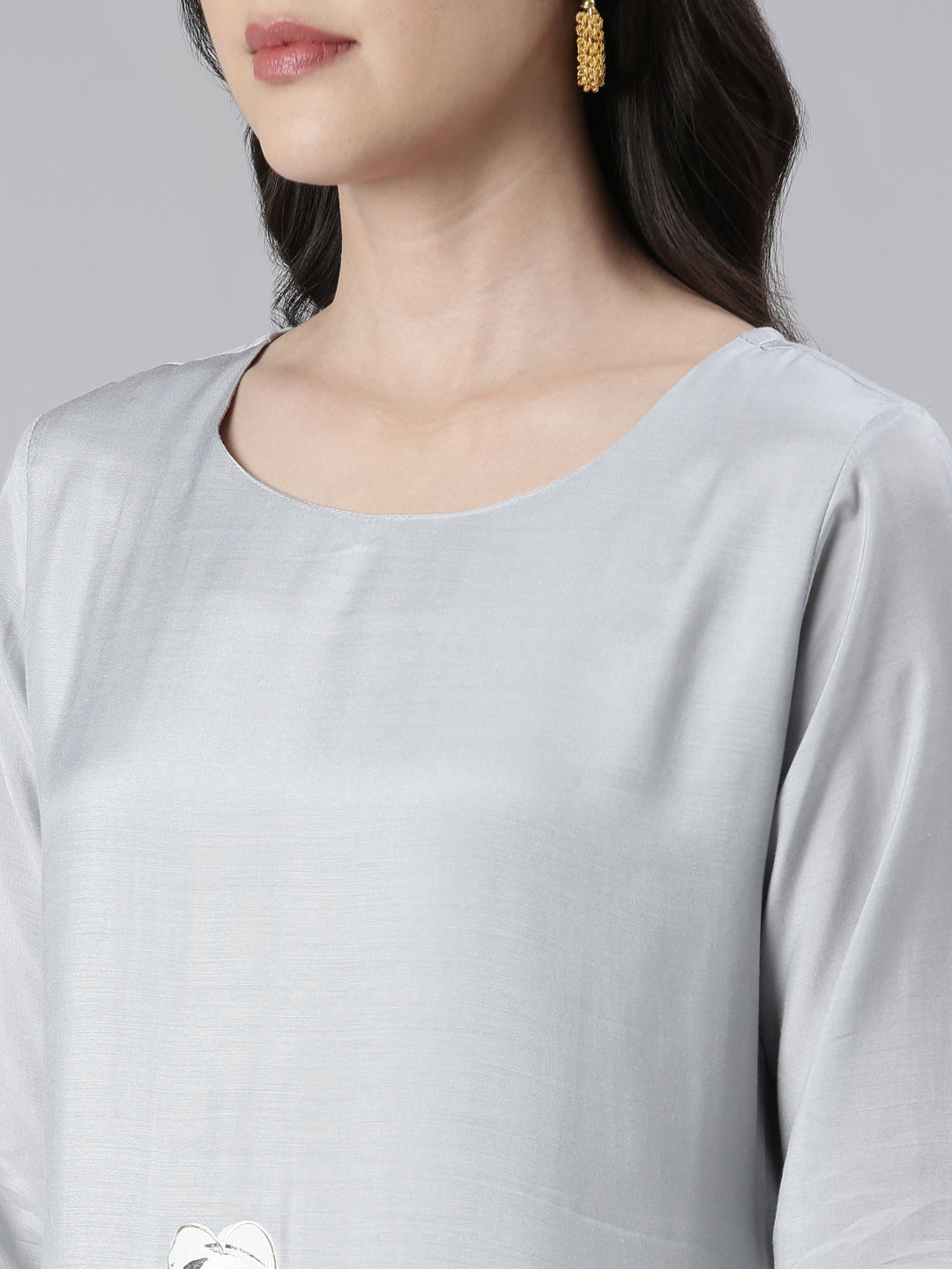 Neerus Grey printed kurta set with trouser and dupatta - detail view 1