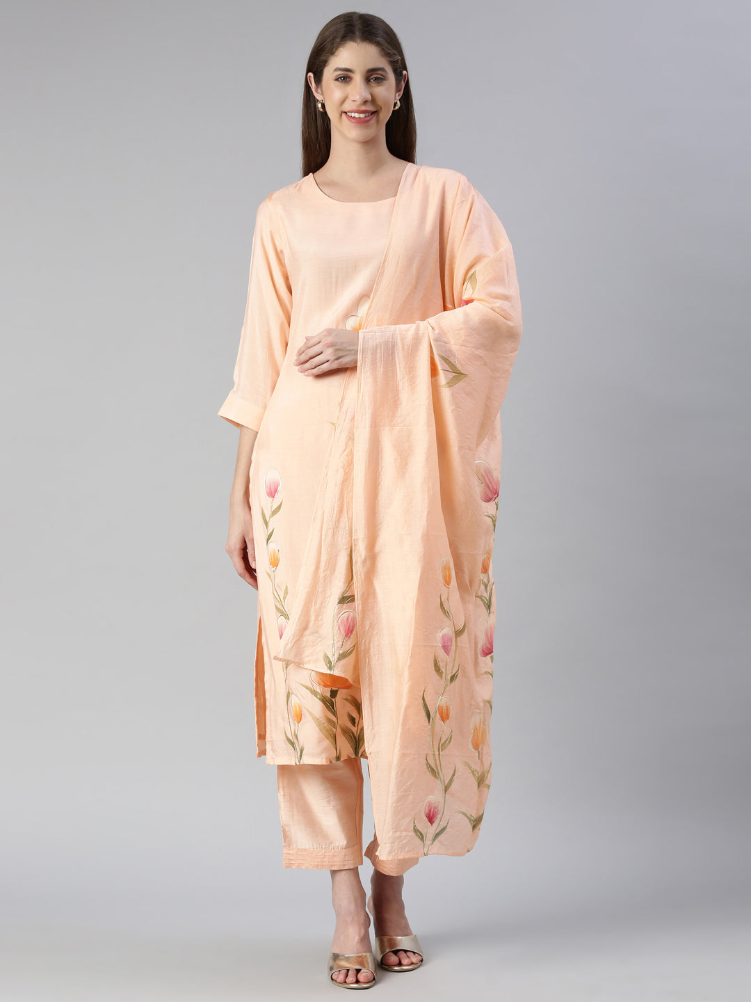 Neerus Orange muslin printed suit set - front view