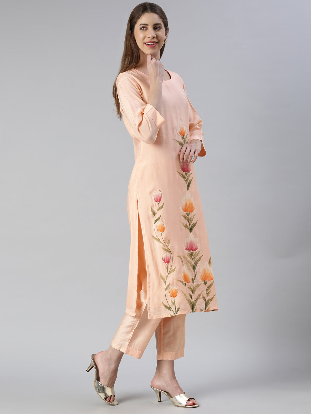 Neerus Orange muslin printed suit set - back view