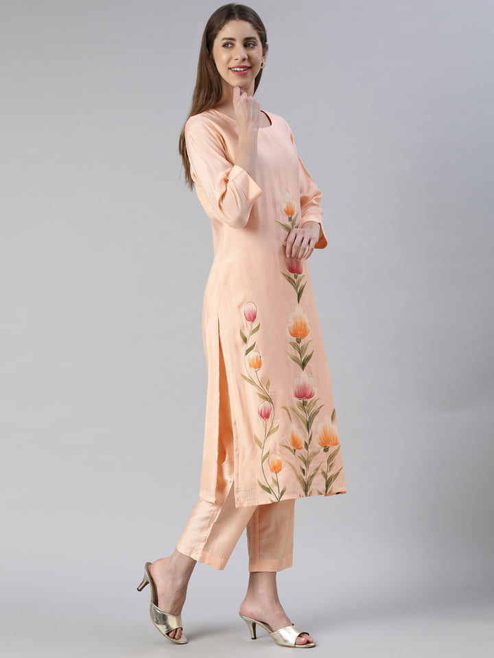 Neerus Orange muslin printed suit set - back view