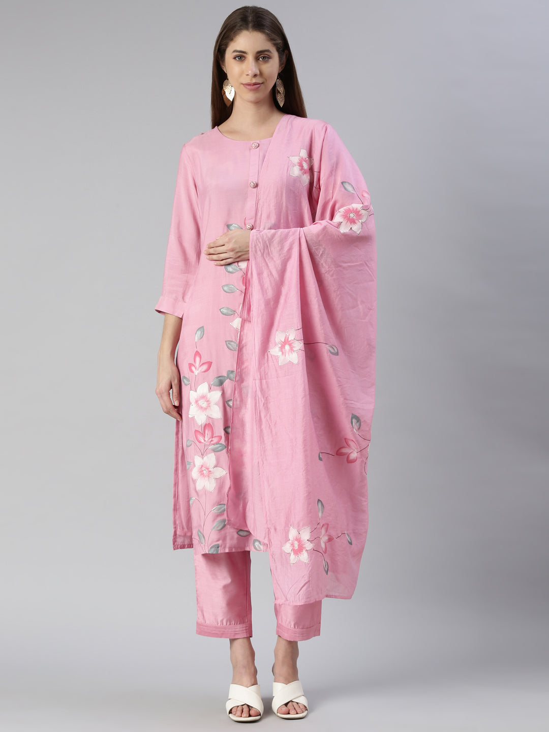 Neerus Pink rayon printed kurta set with trouser and dupatta - front view