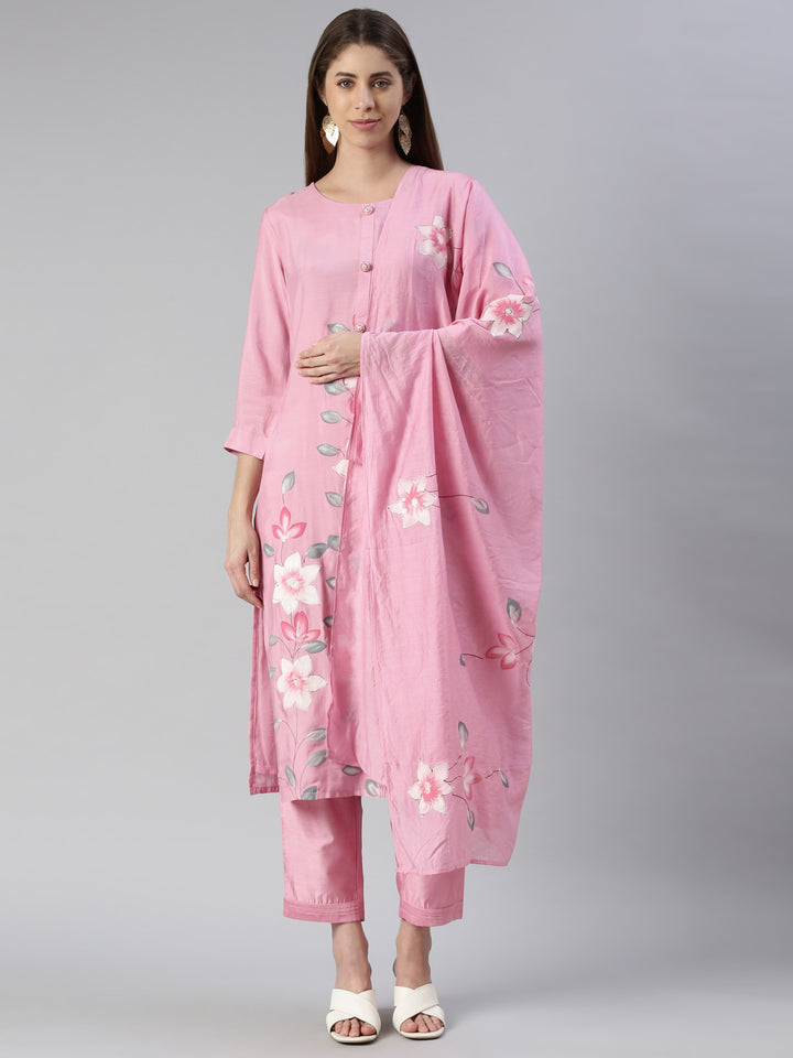 Neerus Pink rayon printed kurta set with trouser and dupatta - front view