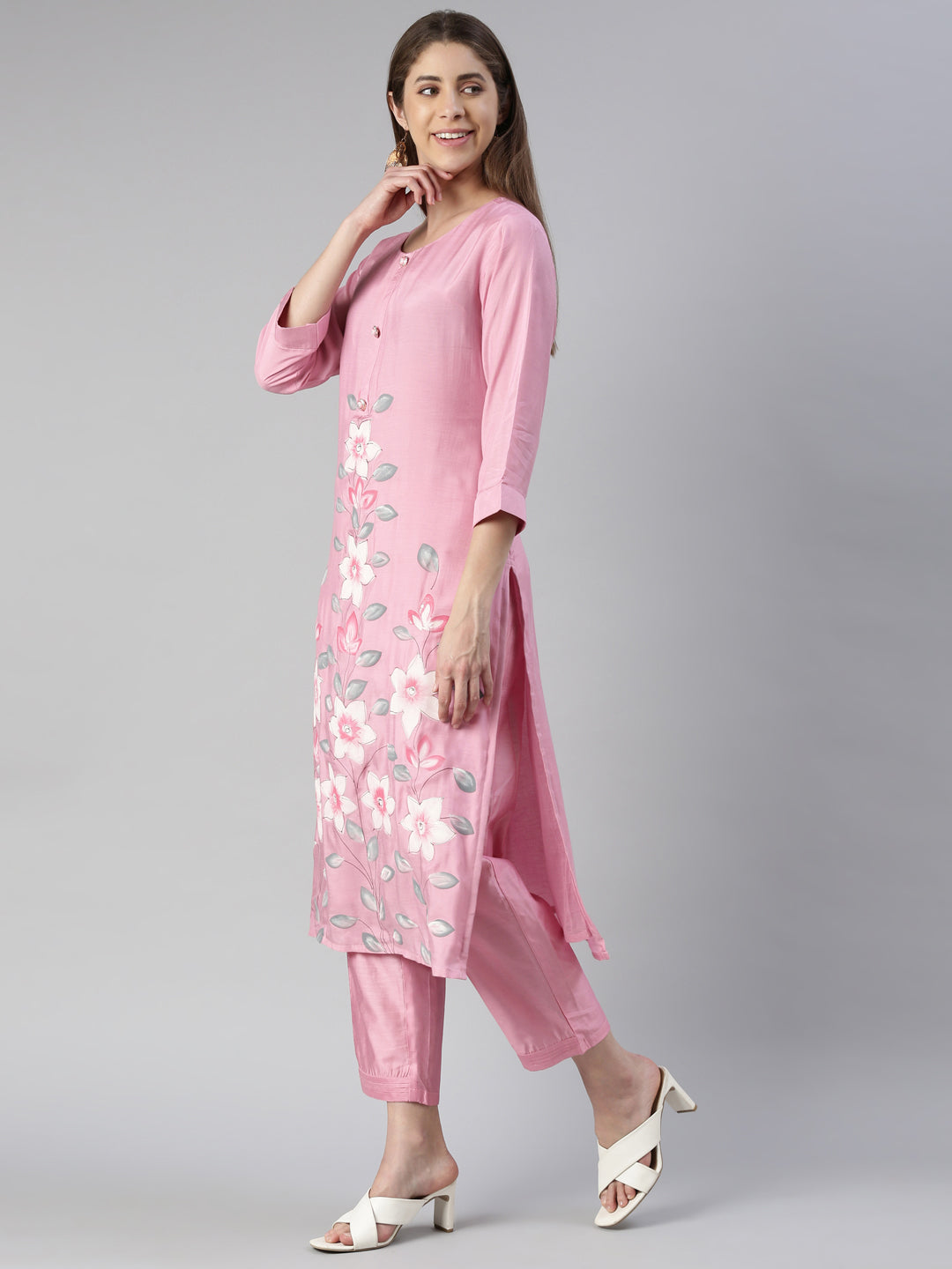 Neerus Women  Rose Pink Printed Calf Length Kurta And Trousers With Dupatta