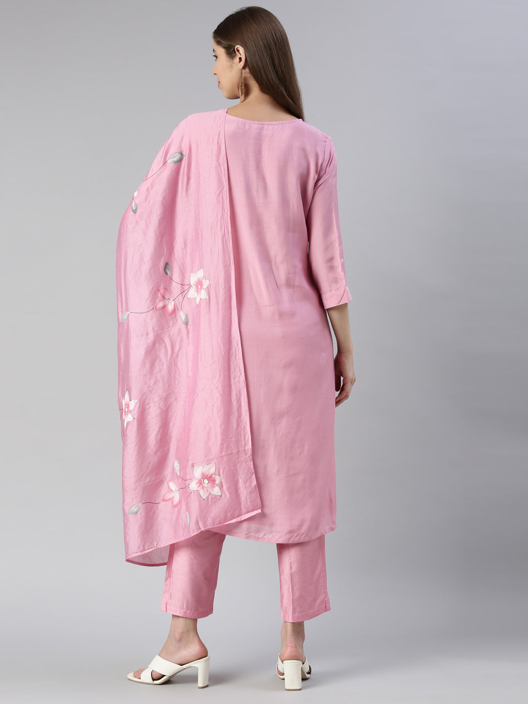 Neerus Pink rayon printed kurta set with trouser and dupatta - side view