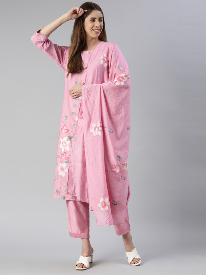 Neerus Pink rayon printed kurta set with trouser and dupatta - detail view 2
