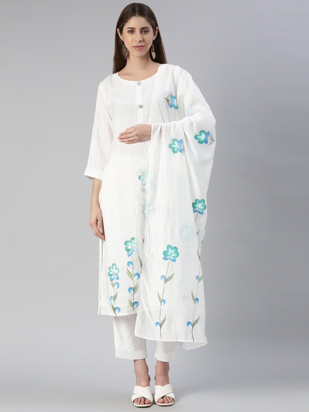 Neerus White cotton printed kurta set with trouser and dupatta - front view