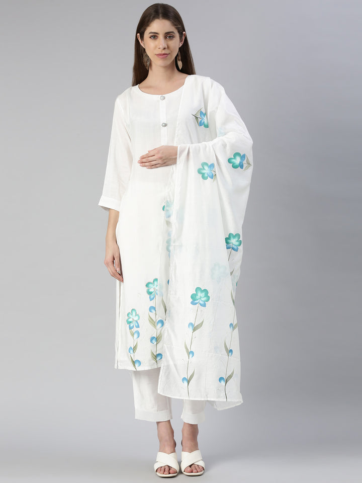 Neerus White cotton printed kurta set with trouser and dupatta - front view