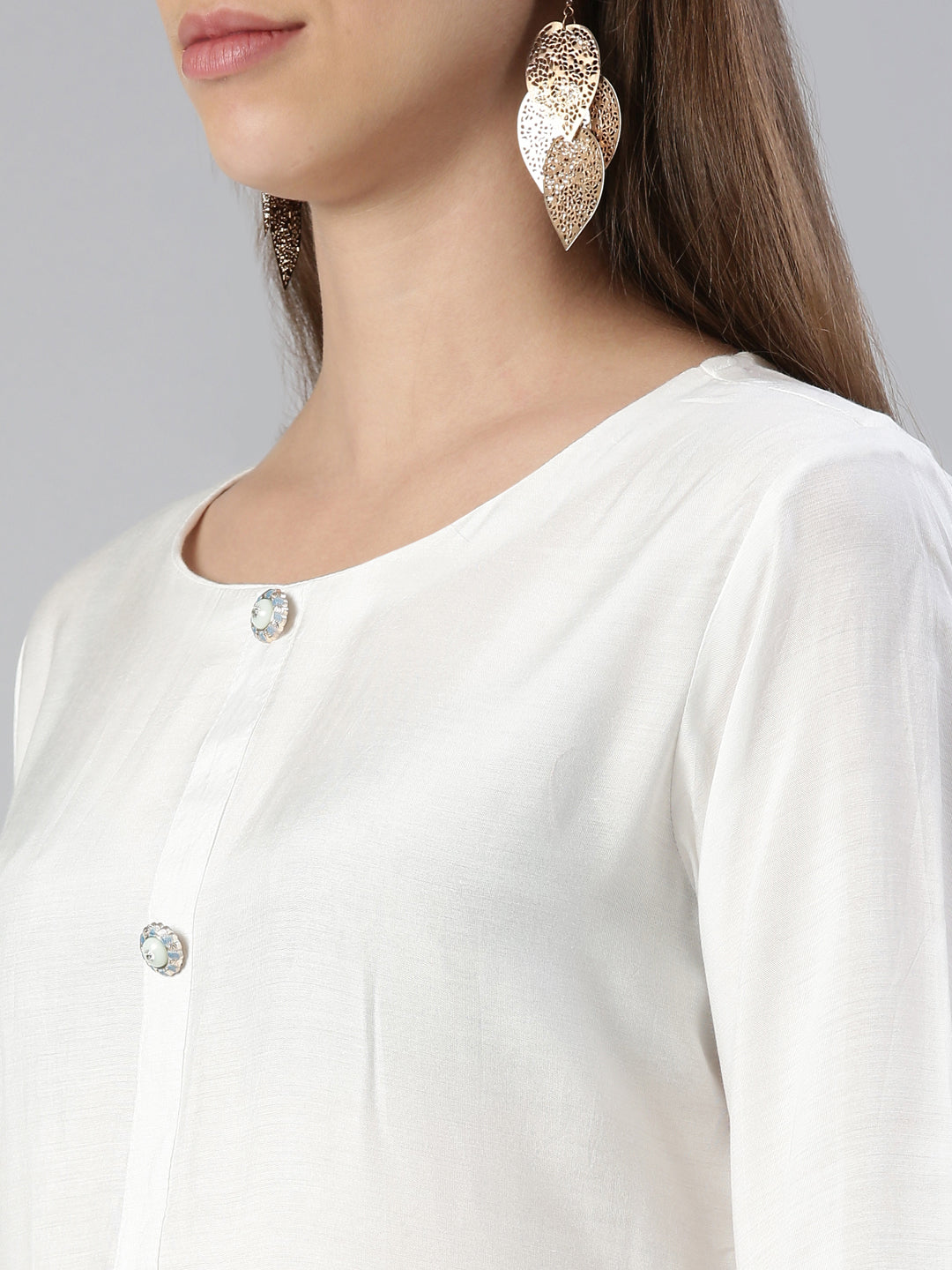 Neerus White cotton printed kurta set with trouser and dupatta - detail view 1
