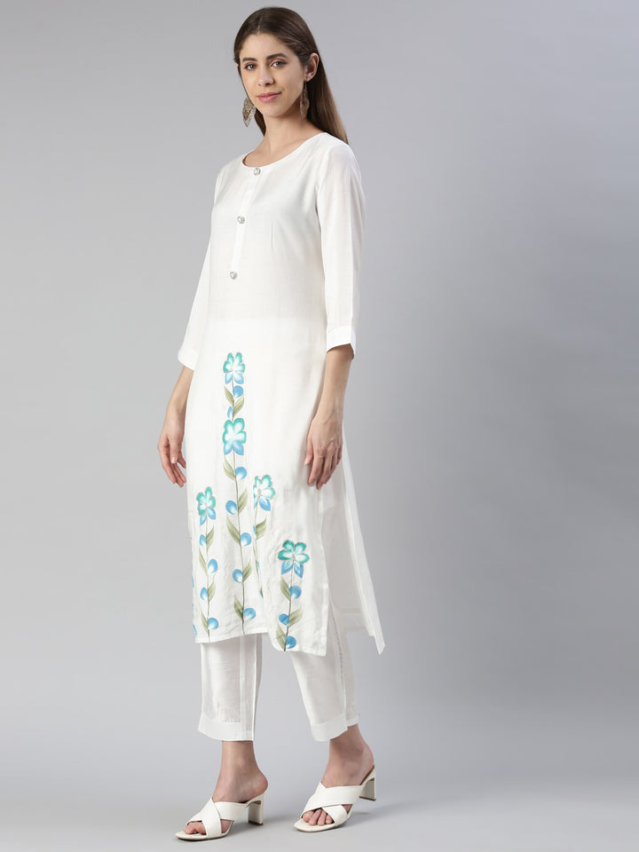 Neerus White cotton printed kurta set with trouser and dupatta - back view