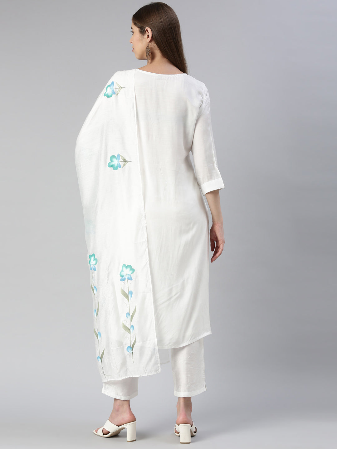Neerus White cotton printed kurta set with trouser and dupatta - side view