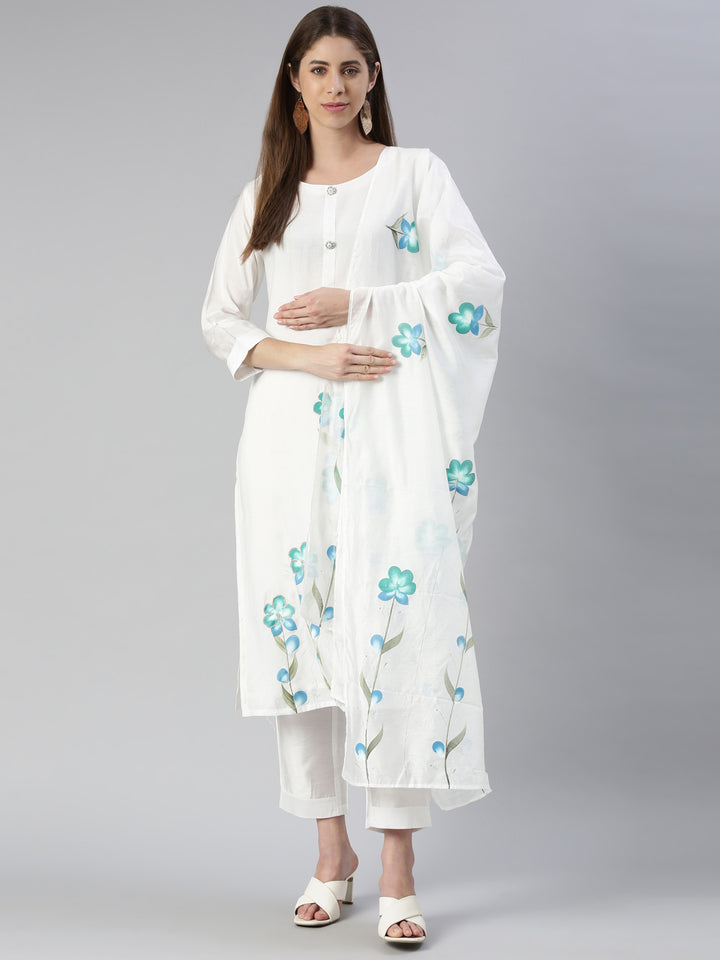 Neerus White cotton printed kurta set with trouser and dupatta - detail view 2