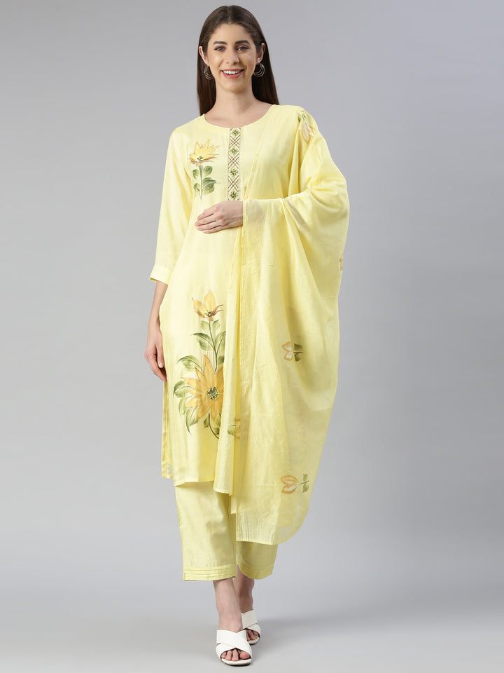 Neerus Women Lemon Printed Calf Length Kurta And Trousers With Dupatta
