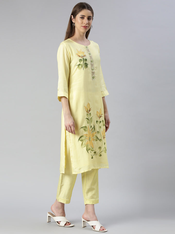 Neerus Women Lemon Printed Calf Length Kurta And Trousers With Dupatta