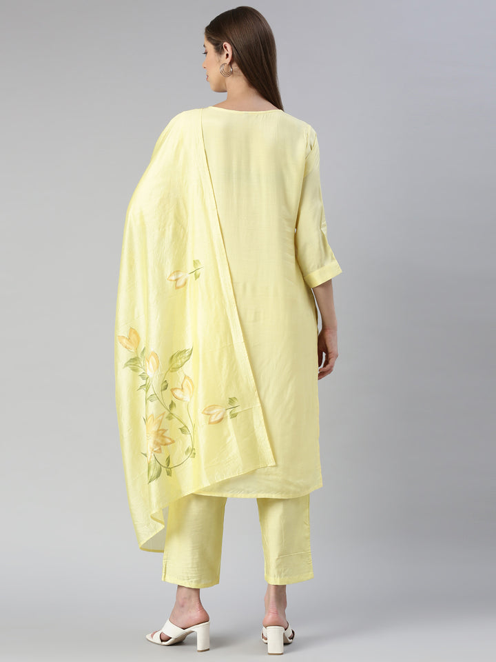 Neerus Women Lemon Printed Calf Length Kurta And Trousers With Dupatta
