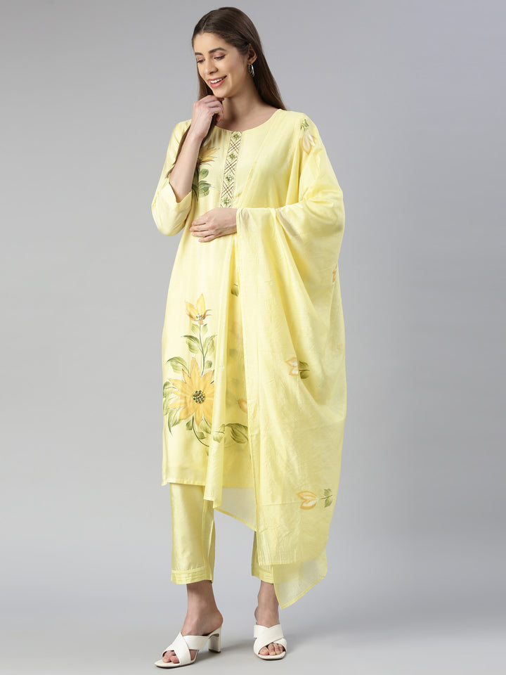Neerus Women Lemon Printed Calf Length Kurta And Trousers With Dupatta