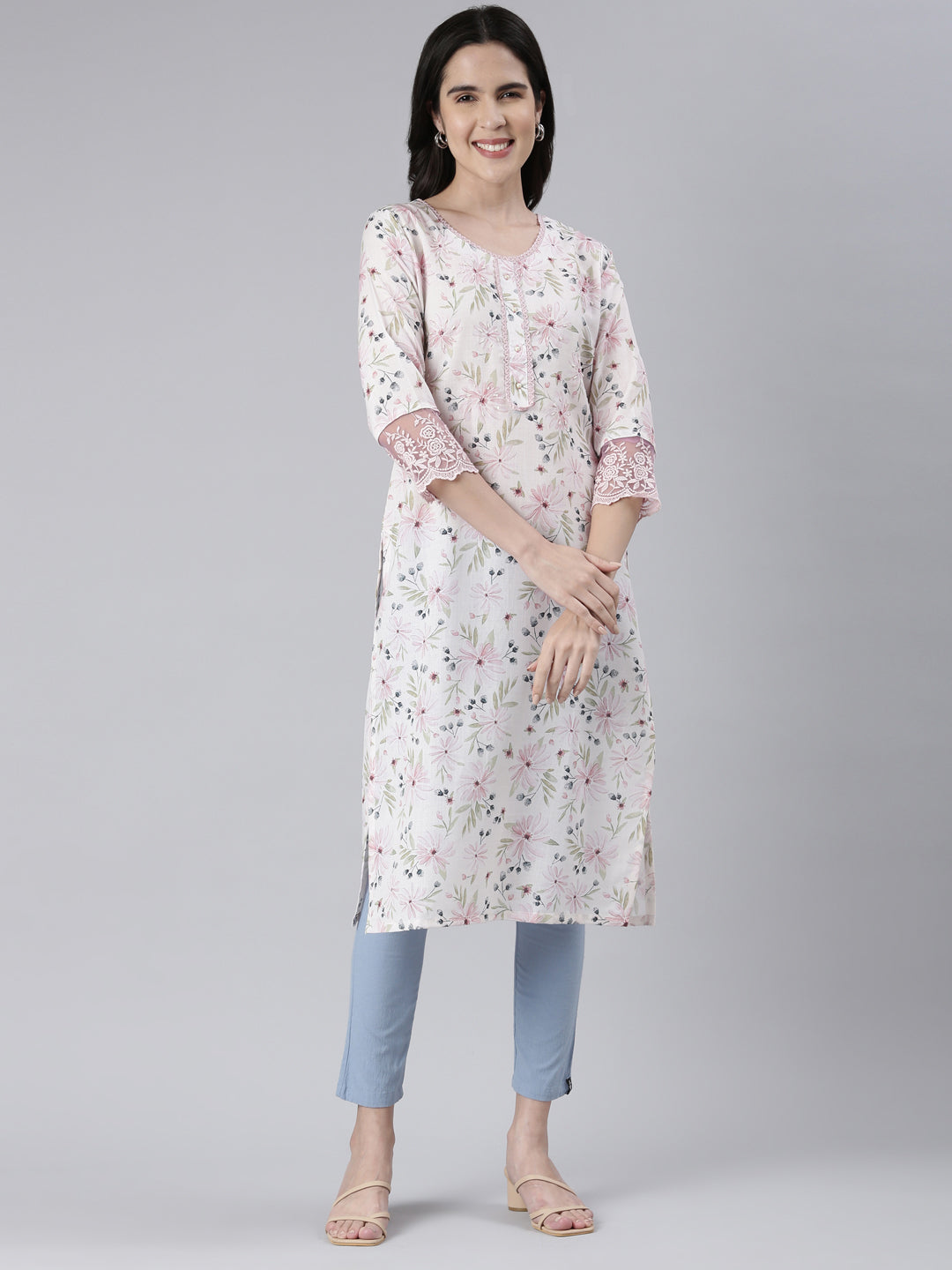 Neerus White cotton printed straight kurta - front view