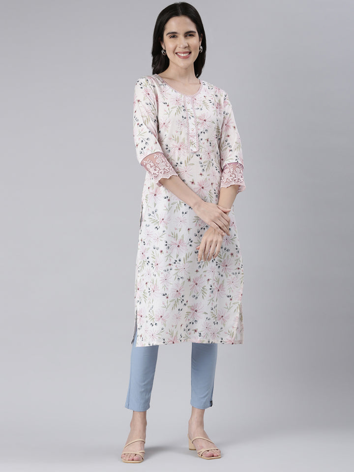 Neerus White cotton printed straight kurta - front view