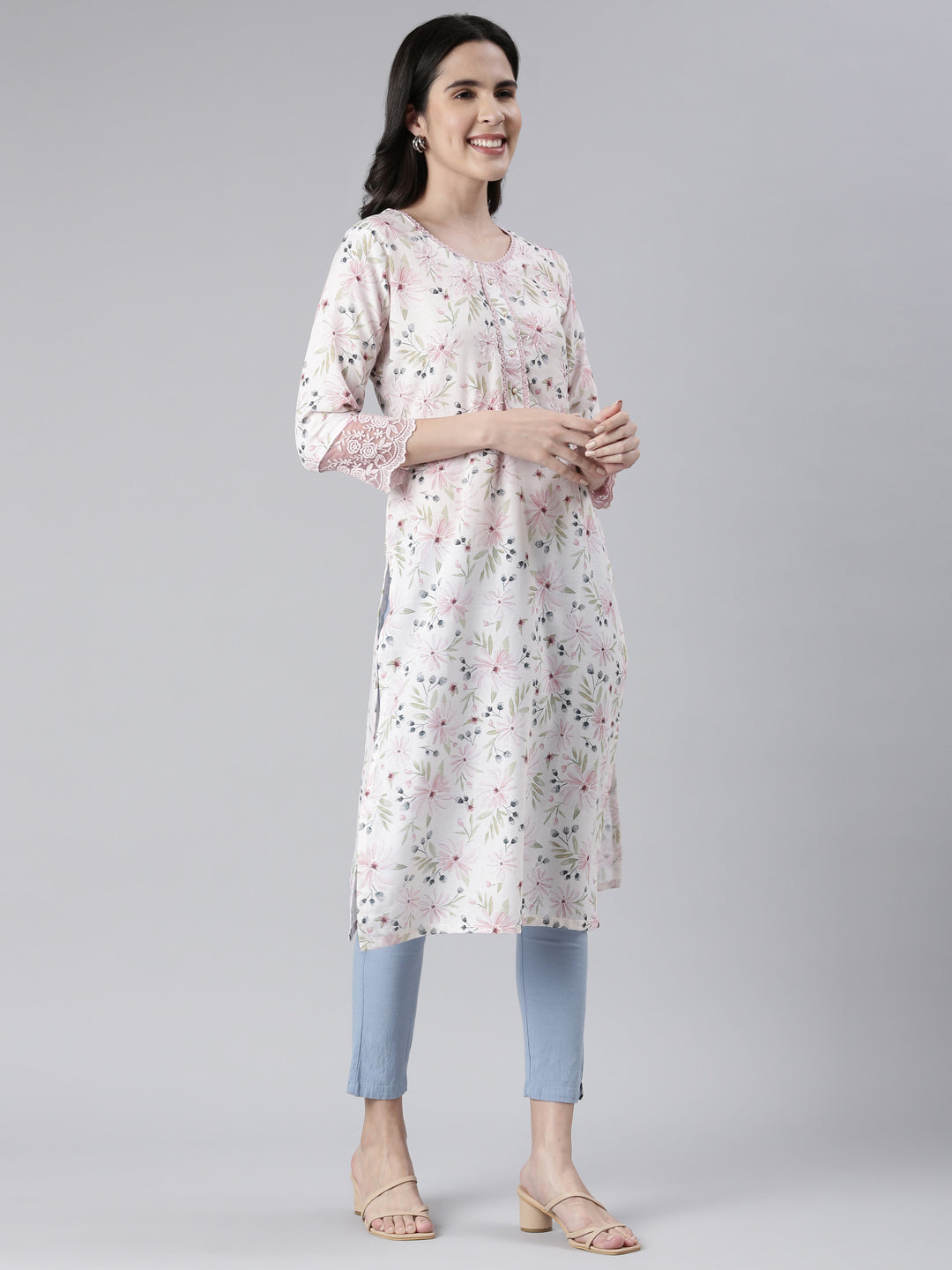 Neerus Off White Straight Printed Cotton Kurtas