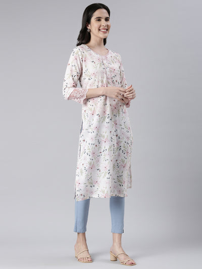 Neerus Off White Straight Printed Cotton Kurtas