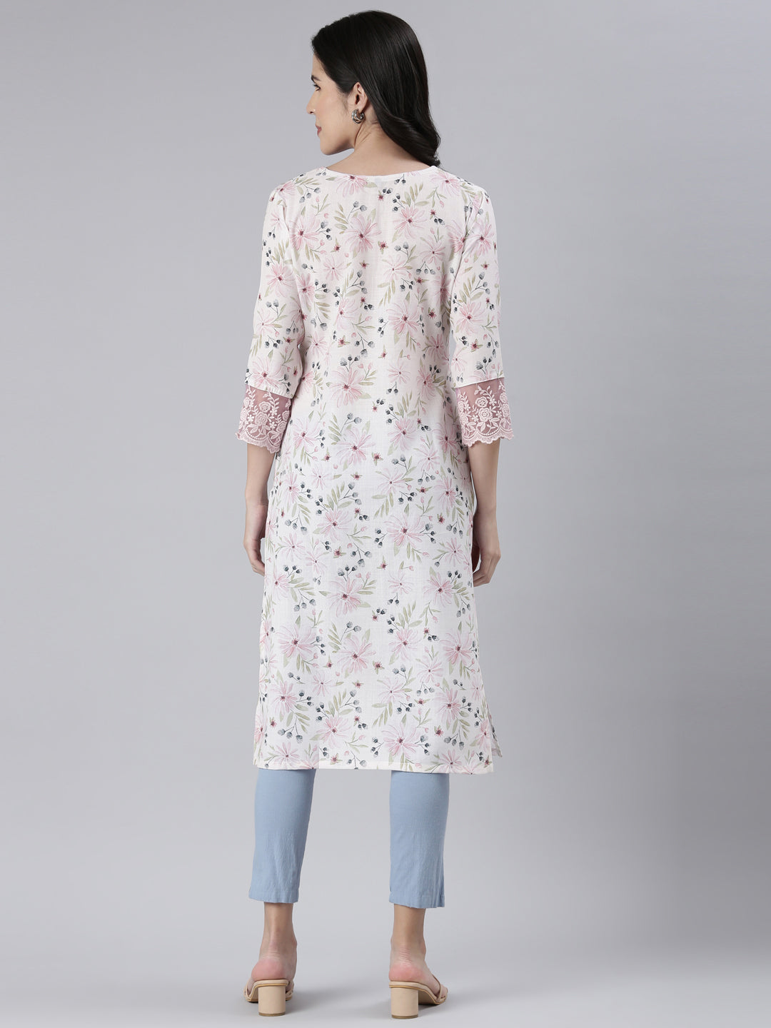 Neerus White cotton printed straight kurta - side view