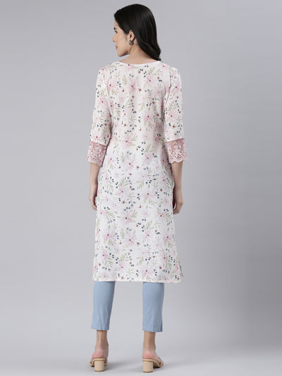 Neerus Off White Straight Printed Cotton Kurtas