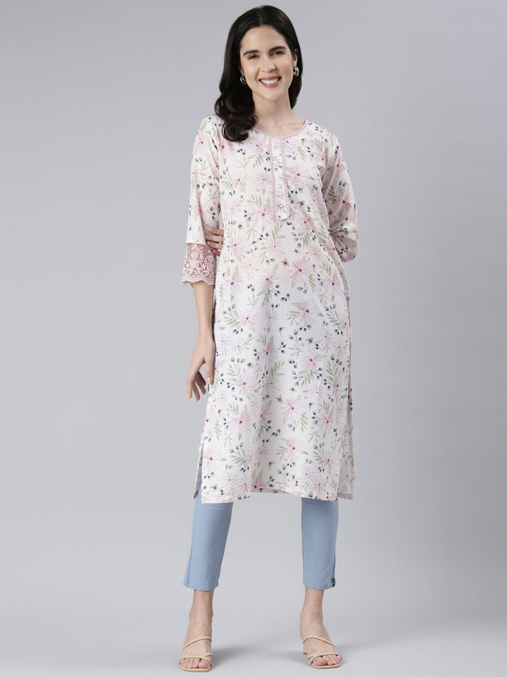 Neerus White cotton printed straight kurta - detail view 2
