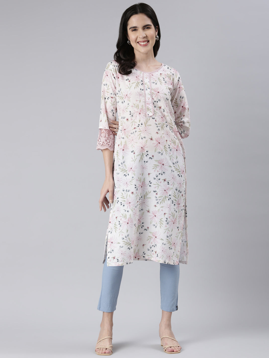 Neerus Off White Straight Printed Cotton Kurtas