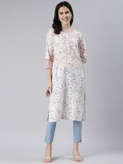 Neerus Off White Straight Printed Cotton Kurtas
