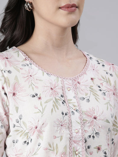 Neerus Off White Straight Printed Cotton Kurtas