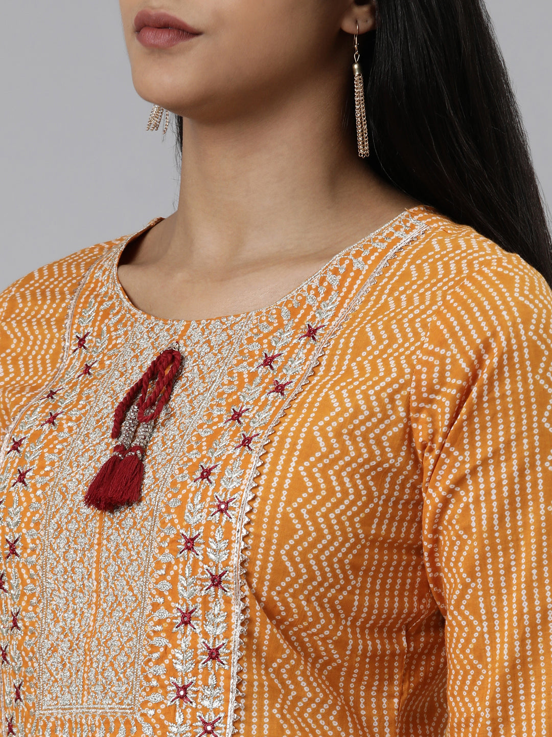 Neerus Yellow cotton printed straight kurti - detail view 2