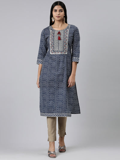 Neerus Navy Blue Straight Printed Cotton Kurtas