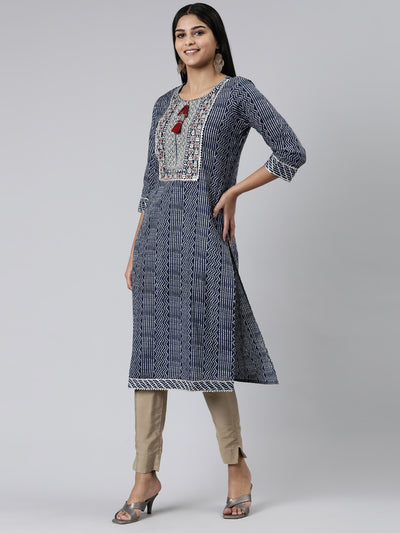 Neerus Navy Blue Straight Printed Cotton Kurtas