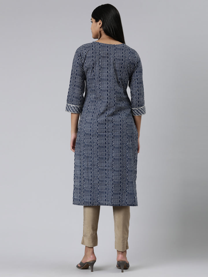 Neerus Blue cotton printed kurti bandhani straight - side view