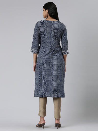 Neerus Navy Blue Straight Printed Cotton Kurtas