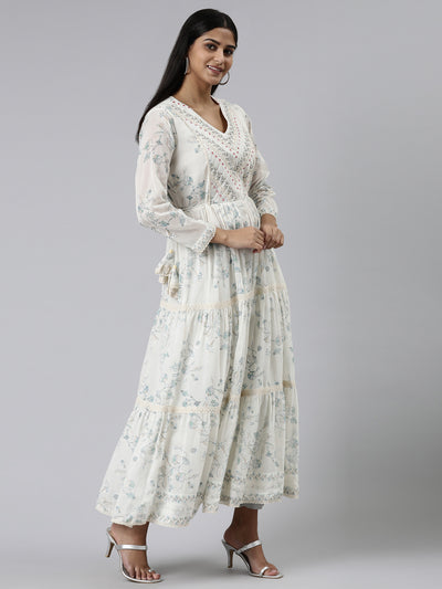 Neerus Off White Straight Printed Cotton Kurtas