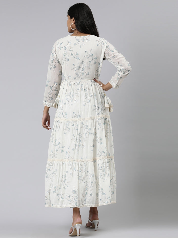 Neerus White cotton printed anarkali kurti - side view