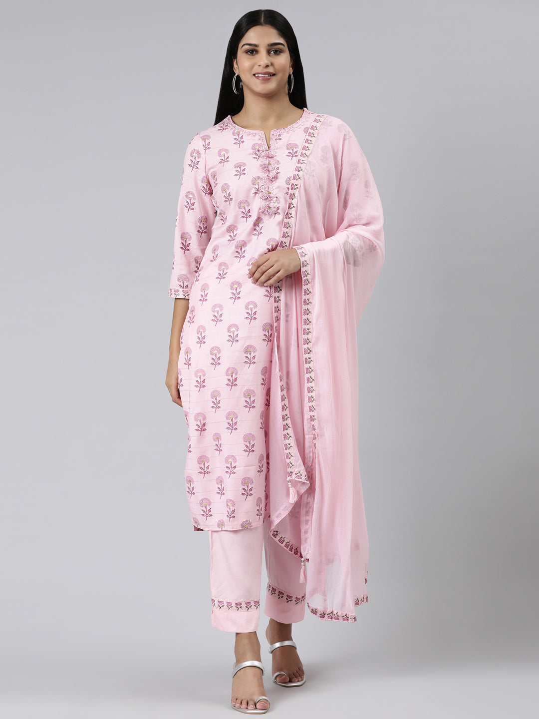 Neerus Pink Regular Calf Length Printed Kurta Solid Trousers With Dupatta