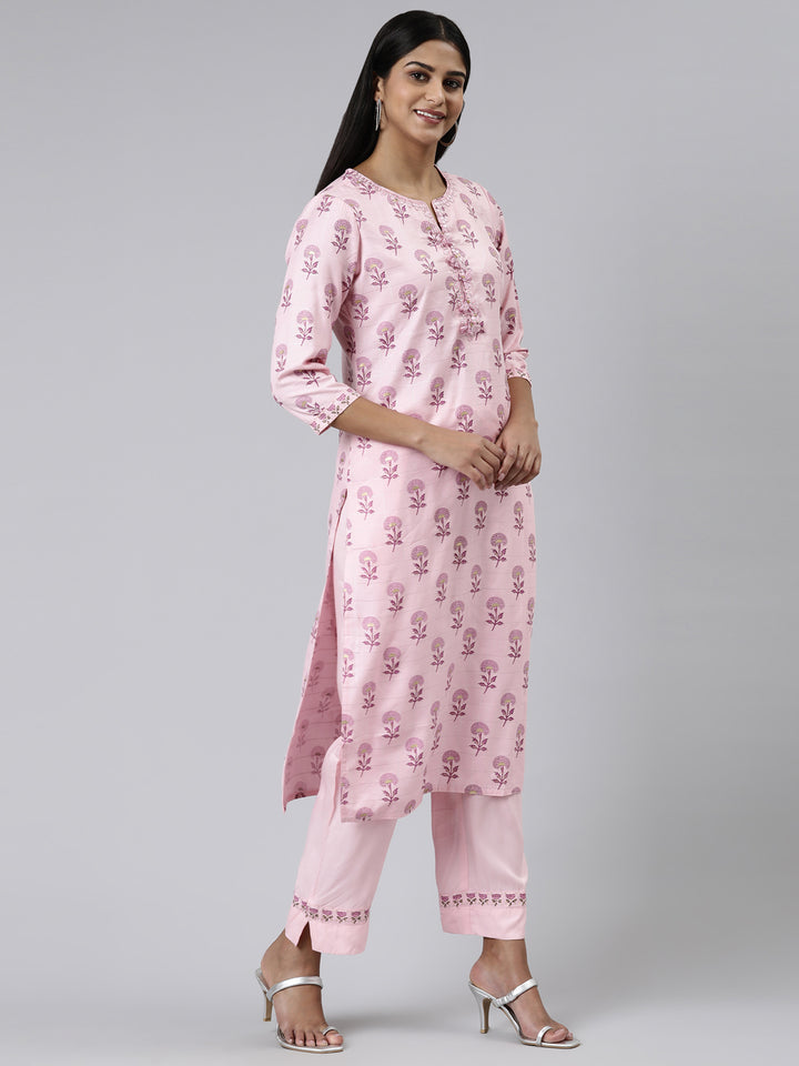Neerus Pink Regular Calf Length Printed Kurta Solid Trousers With Dupatta