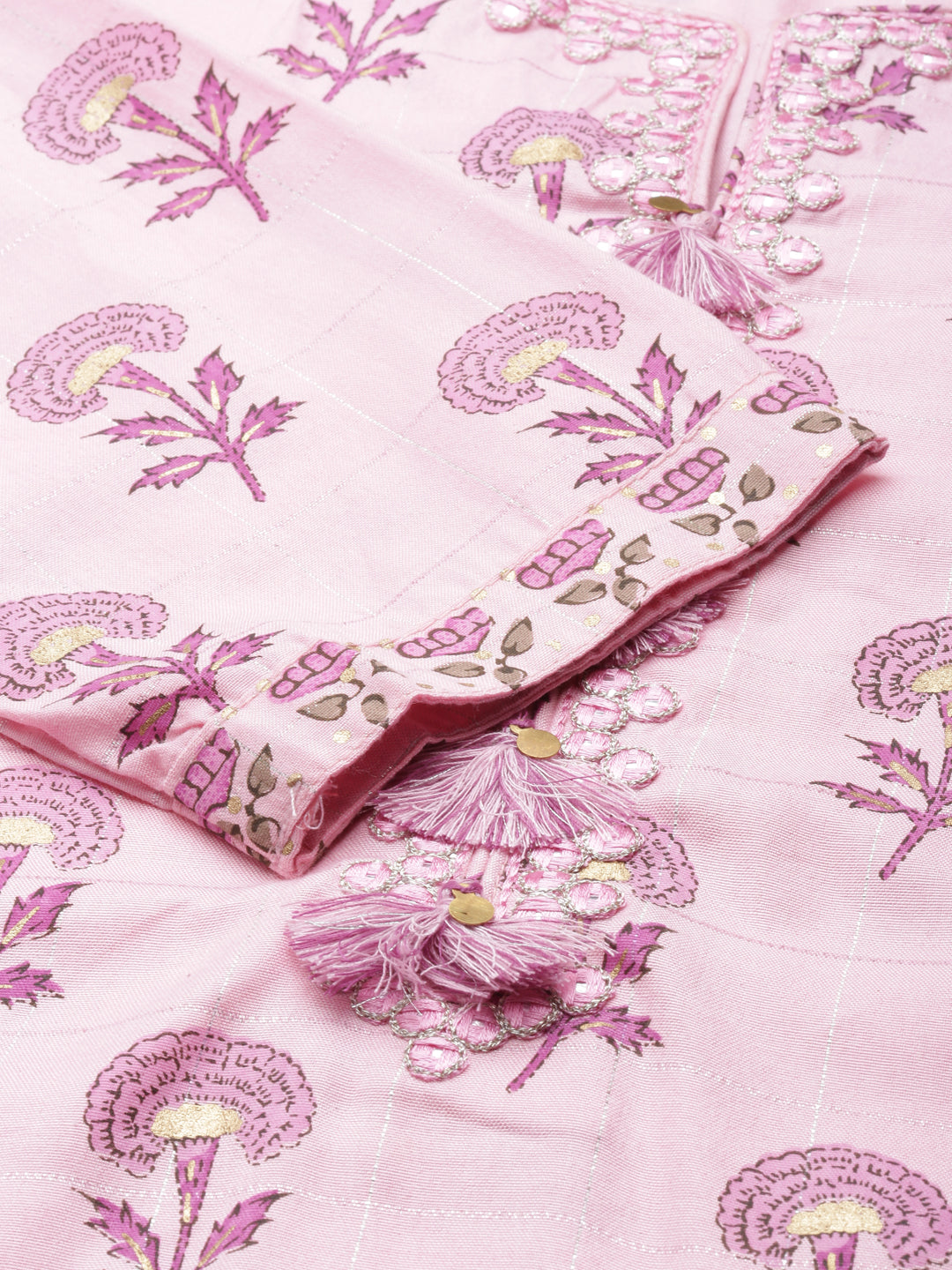 Neerus Pink Regular Calf Length Printed Kurta Solid Trousers With Dupatta