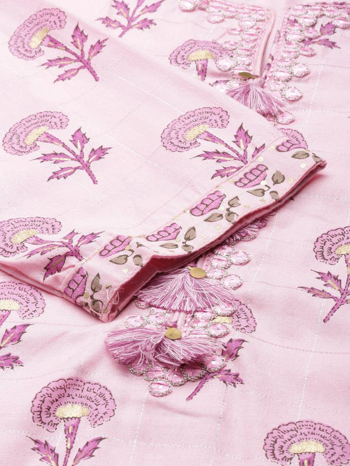 Neerus Pink Regular Calf Length Printed Kurta Solid Trousers With Dupatta